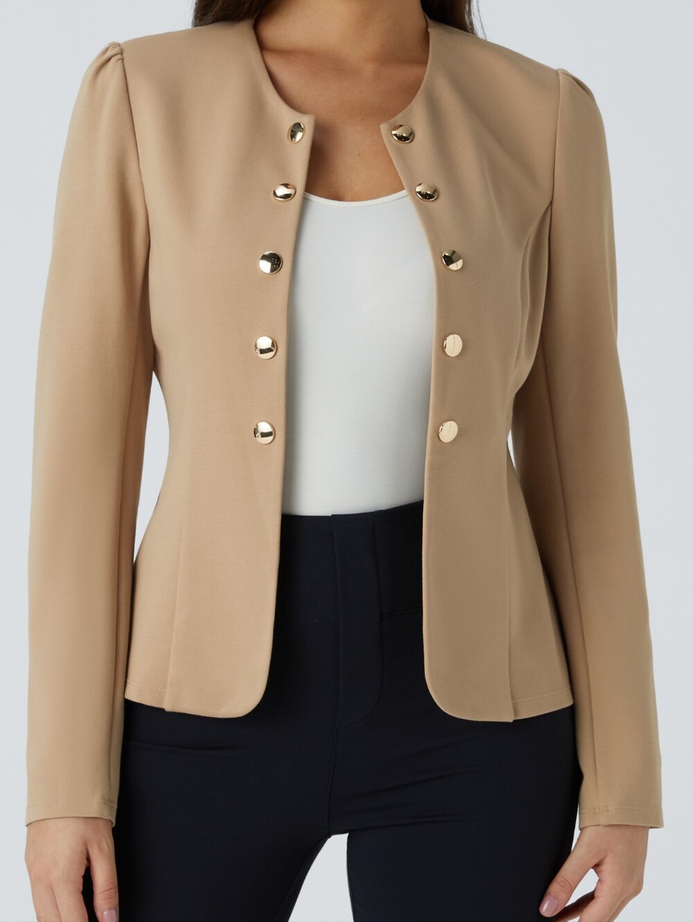 HALARA Tan Gold-Button Collarless Blazer